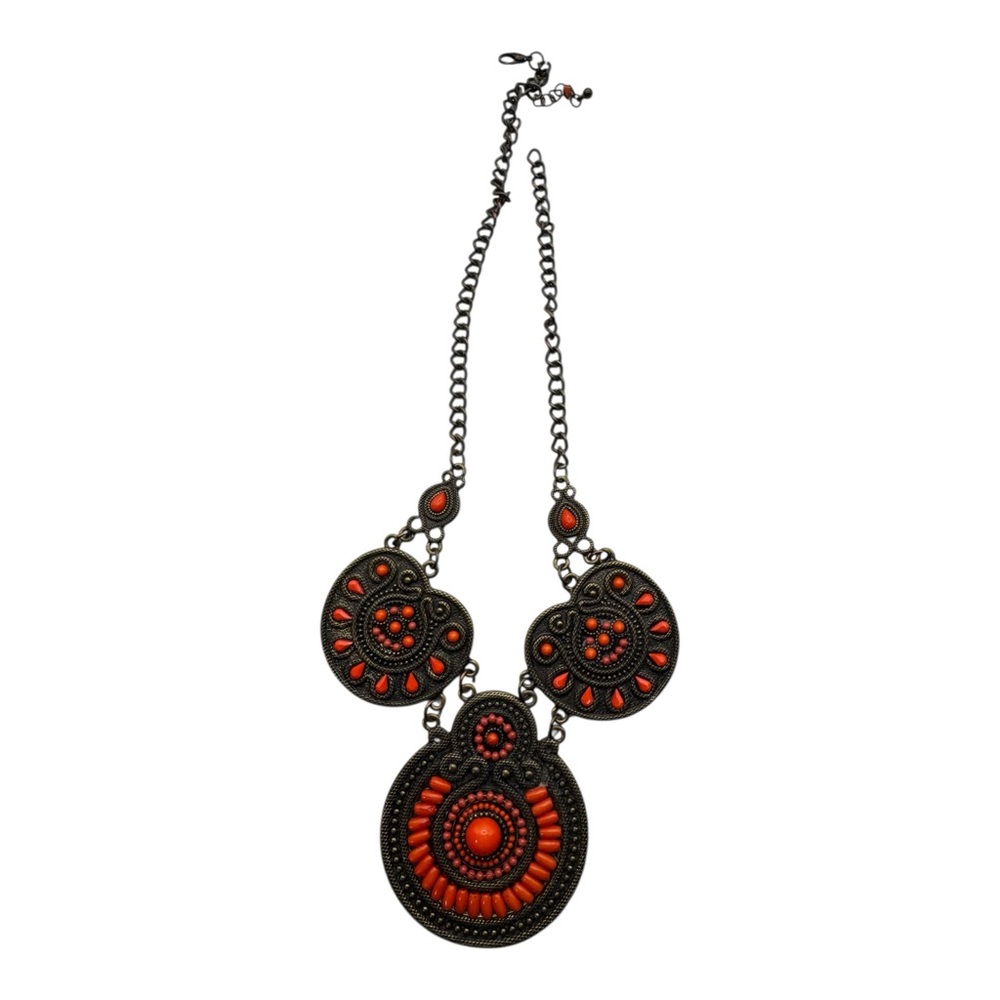 Vintage Boho Bib Necklace Red Cabochon‎ Medallion Statement Chain